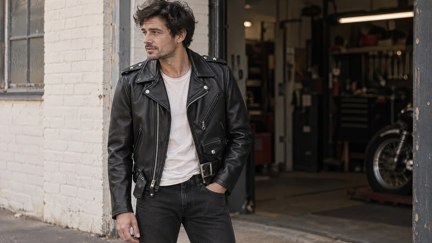 Visual AI: un uomo indossa una giacca Schott 613 in pelle nera davanti a un garage.