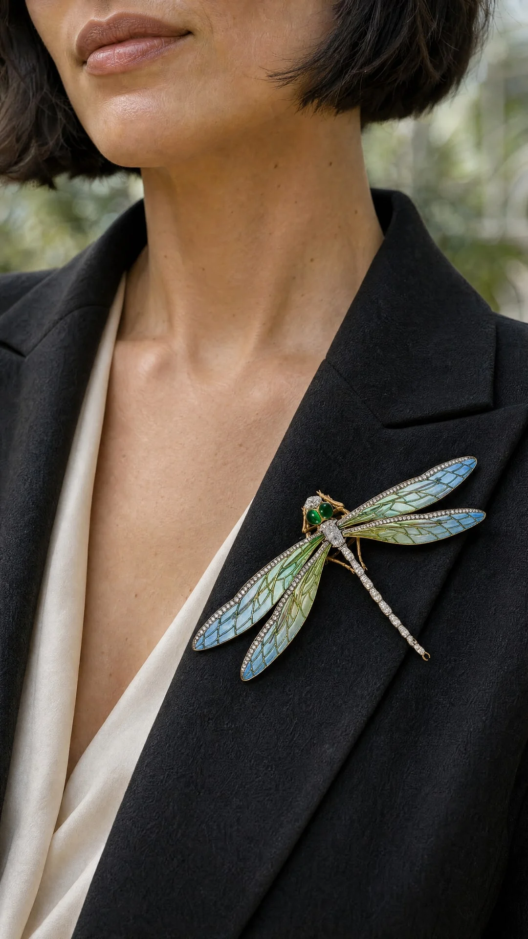 Visual AI ravvicinato della spilla a libellula blu e verde sul revers di una giacca scura.