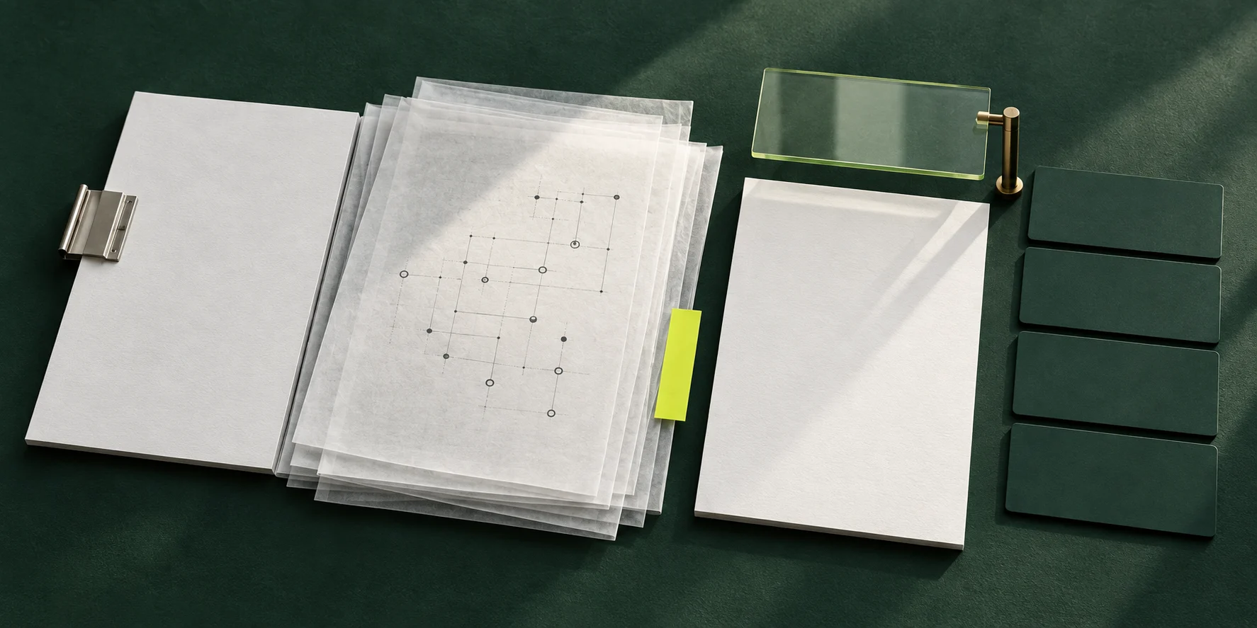 Composizione editoriale: documenti, diagrammi trasparenti e schede di lavoro su un banco verde.