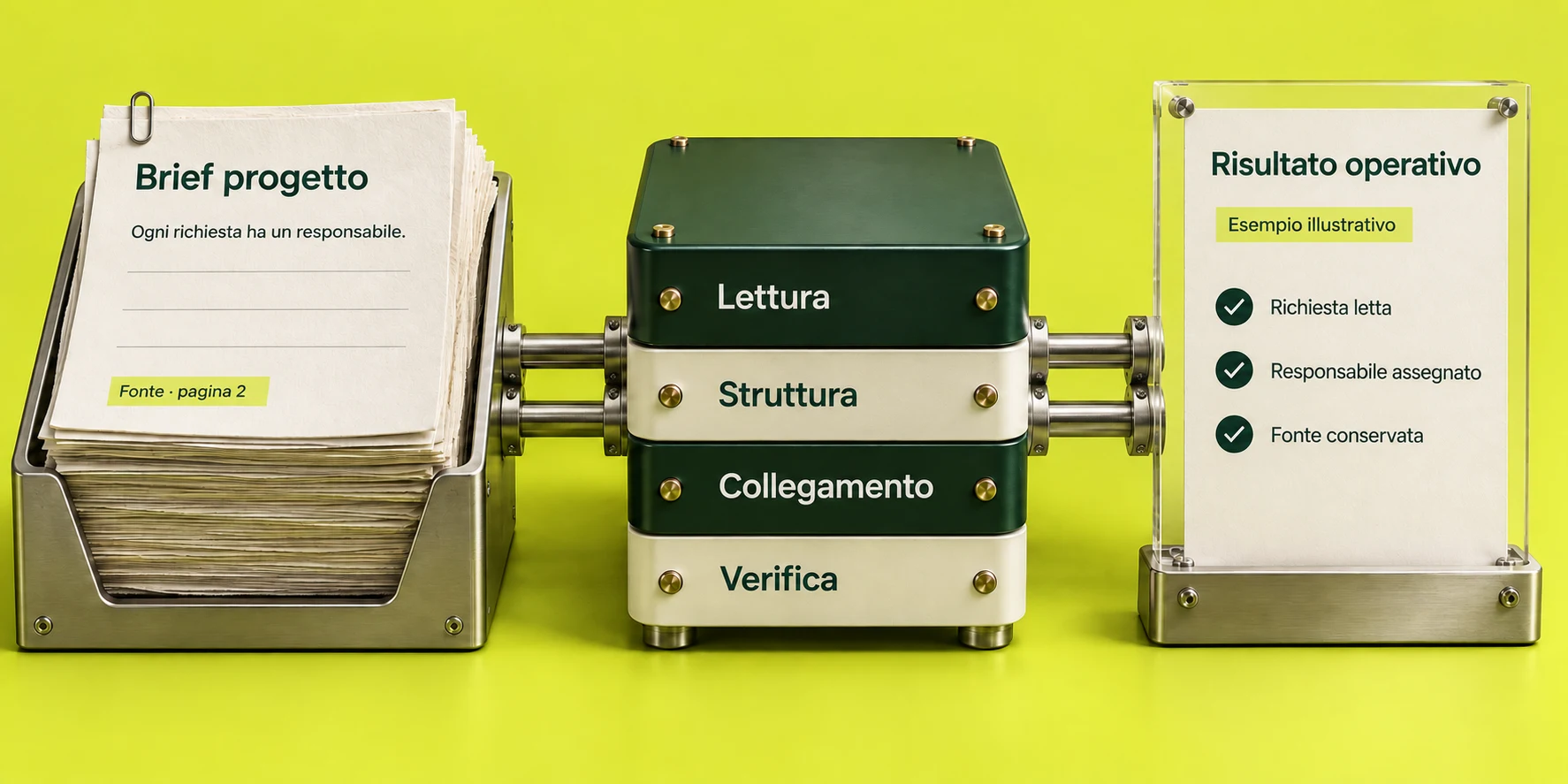 Illustrazione di tre stazioni collegate: brief di progetto, elaborazione e risultato con la fonte conservata.