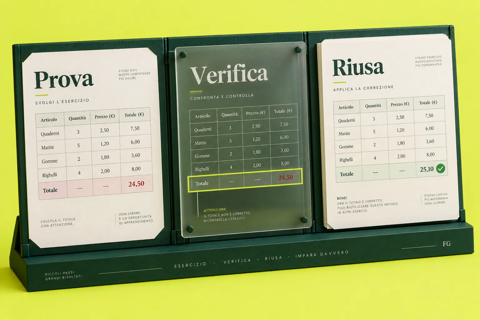 Banco didattico illustrativo con materiali ed esercizi da confrontare.
