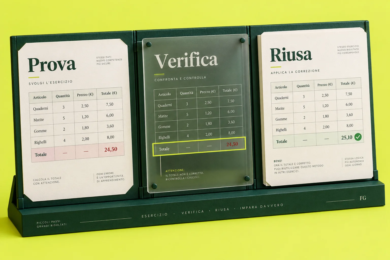 Banco didattico illustrativo con materiali ed esercizi da confrontare.