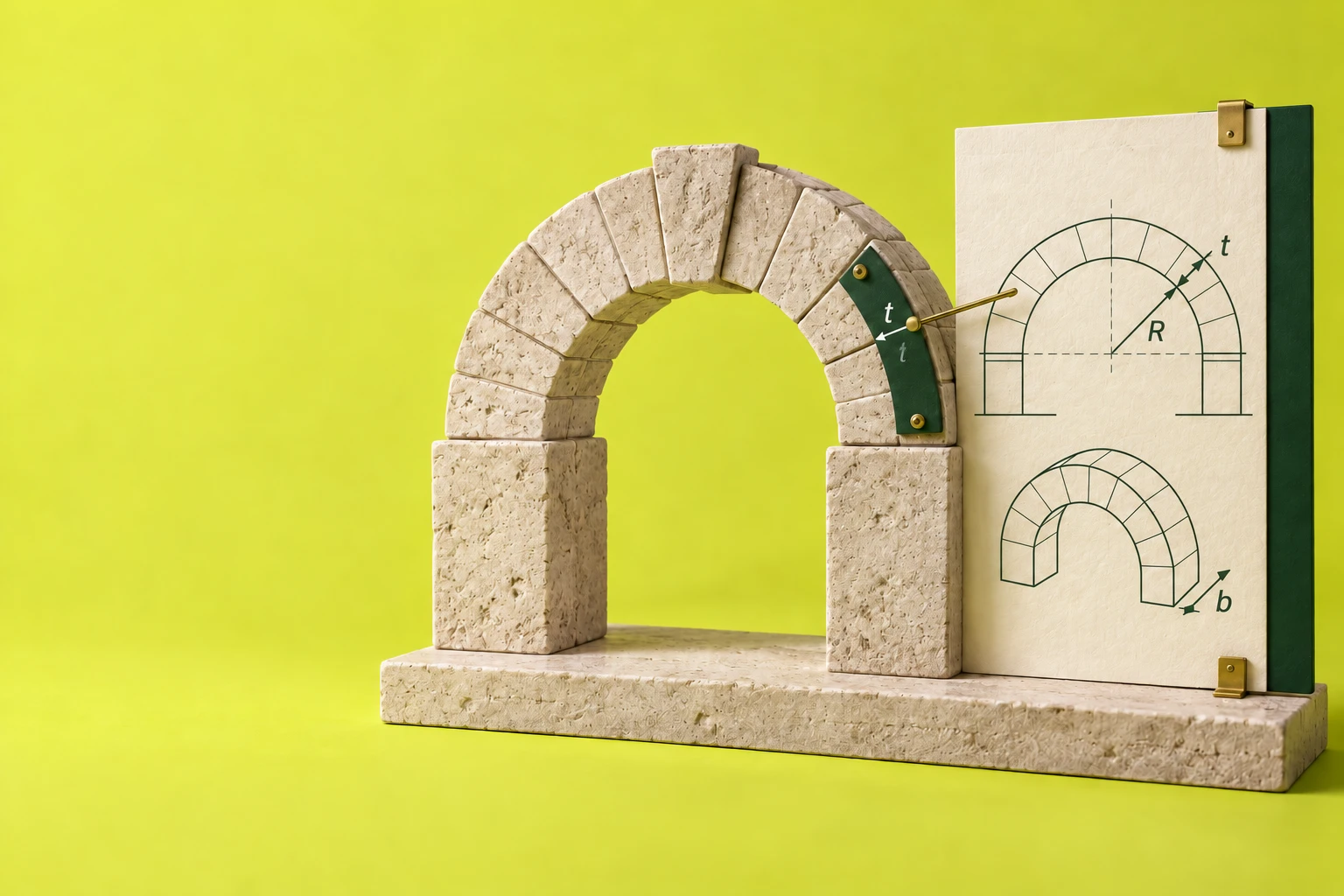 Illustrazione di un arco in muratura con raggio, spessore e profondità collegati al rilievo.